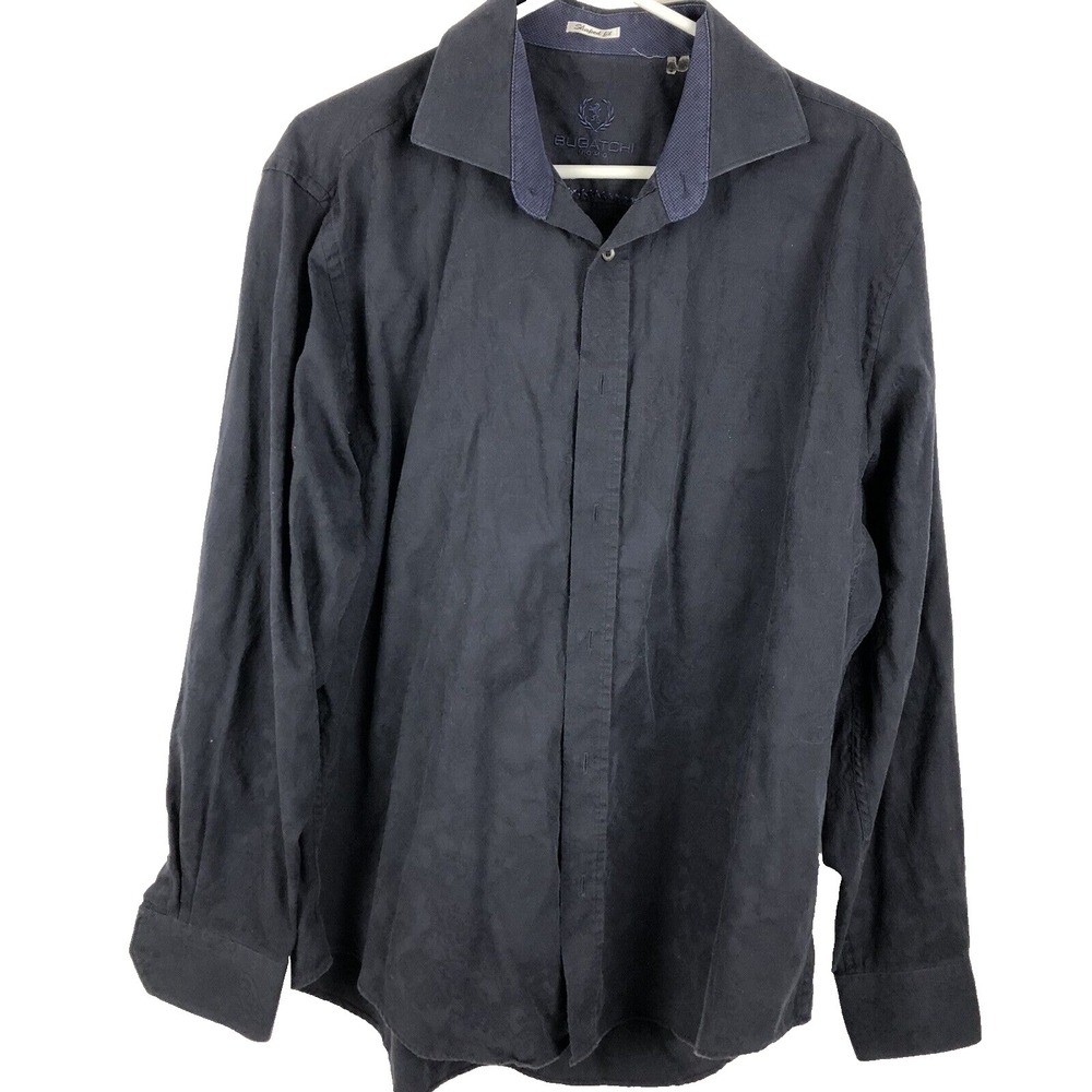 Bugatchi‎ Button up Shirt Mens M Navy Shaped Fit Long Sleeve